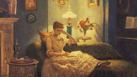 a painting portraying a young lady in a Victorian gown reading a book on a chaise long