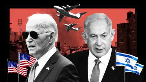 Montage of images of Joe Biden, Benjamin Netanyahu, US and Israeli flags and war planes above