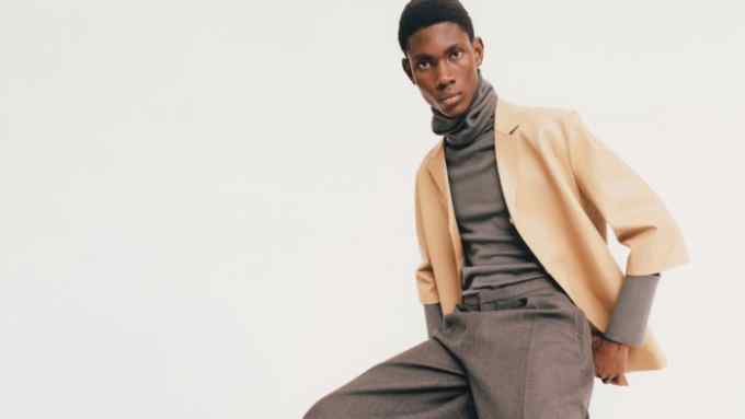 Wool shirt with covered placket, €2,990, wool trousers, €3,290, wool jacket, €2,690 (in hand), and leather Triple stitch sneakers, €850. Throughout, clothing by Zegna