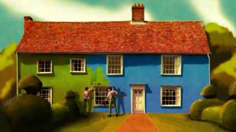Ewan White illustration of two workman painting a house in green colour.