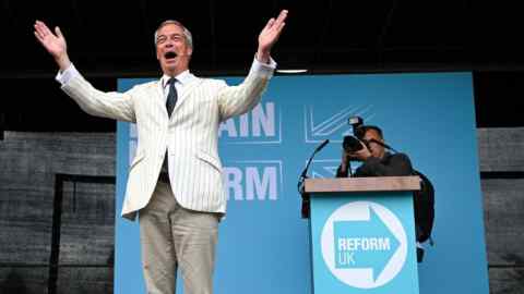 Nigel Farage speaks during an election campaign event at Trago Mills