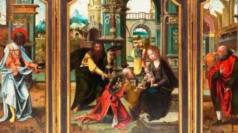 Oil painting in three parts of three kings visiting the baby Jesus