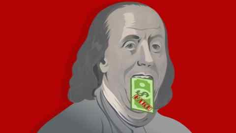 Efi Chalikopoulou illustration of Benjamin Franklin appearing with open mouth displaying a fake dollar bill