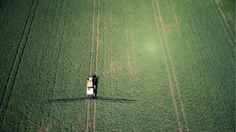 An aerial shot of a tractor applying pesticides to a young green crop