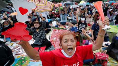 Protesters call for democratic reforms during a rally in Bangkok earlier this month. About $7.8bn flowed out of Thai stocks in the year to the end of August