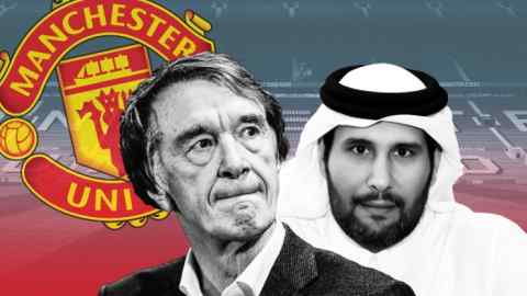 A montage of Ineos founder Jim Ratcliffe and Sheikh Jassim bin Hamad Al Thani with a Manchester United logo in the background
