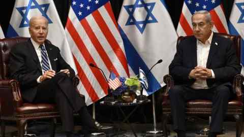 US President Joe Biden listens to Israeli Prime Minister Benjamin Netanyahu