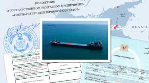 A montage image showing a cargo ship over a map and various documents