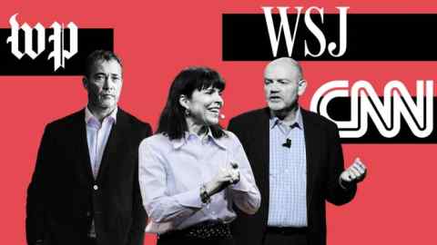 A montage of Will Lewis, Emma Tucker and Mark Thompson and the logos of The Washington Post, the Wall Street Journal and CNN