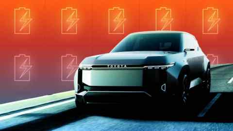 Toyota’s Land Cruiser SE concept car, unveiled this month, against a background of battery icons