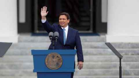 Florida’s Governor Ron DeSantis after taking the oath of office waves to those in attendance at his second term inauguration in Tallahassee, Florida