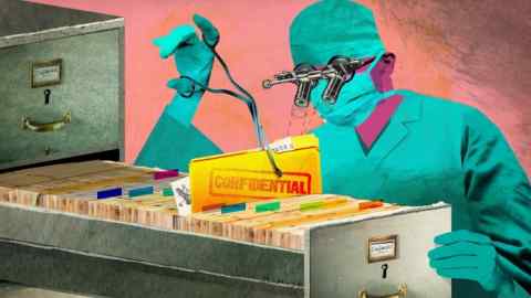 Illustration of a surgeon wearing scrubs using a pair of tongs to pull a medical file, marked confidential, from a filing cabinet drawer