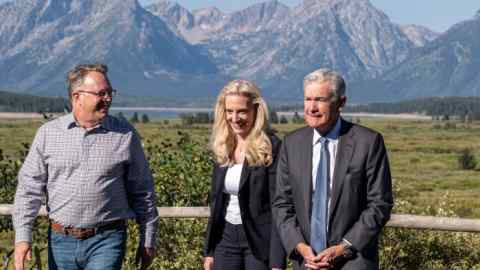 Federal Reserve chair Jay Powell, right, in Jackson Hole last year with Lael Brainard, centre, then vice-chair of the board of governors for the Federal Reserve System, and John Williams, left, president and chief executive of the  New York Fed