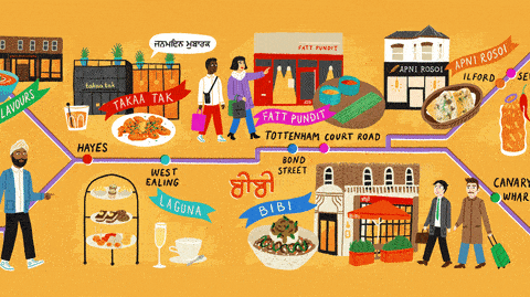 Illustration of Indian restaurants, dishes and patrons along the Elizabeth line in London