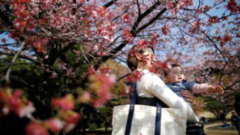 A mother and her baby look at flowering cherry blossoms at the Shinjuku Gyoen National Garden in Tokyo